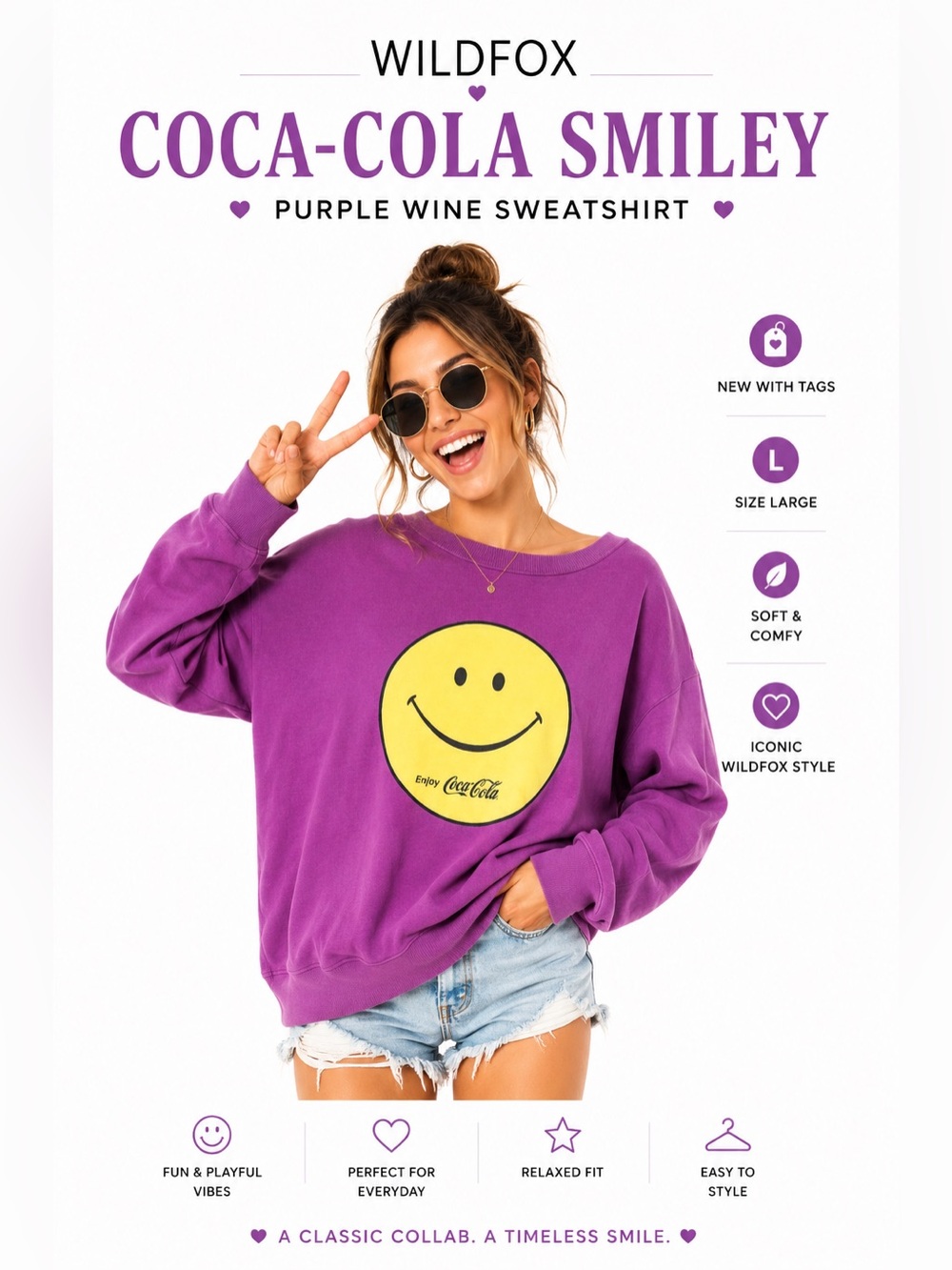 Wildfox purple wine x Coca-Cola Smiley Face Sweatshirt Enjoy Coke NWT Large